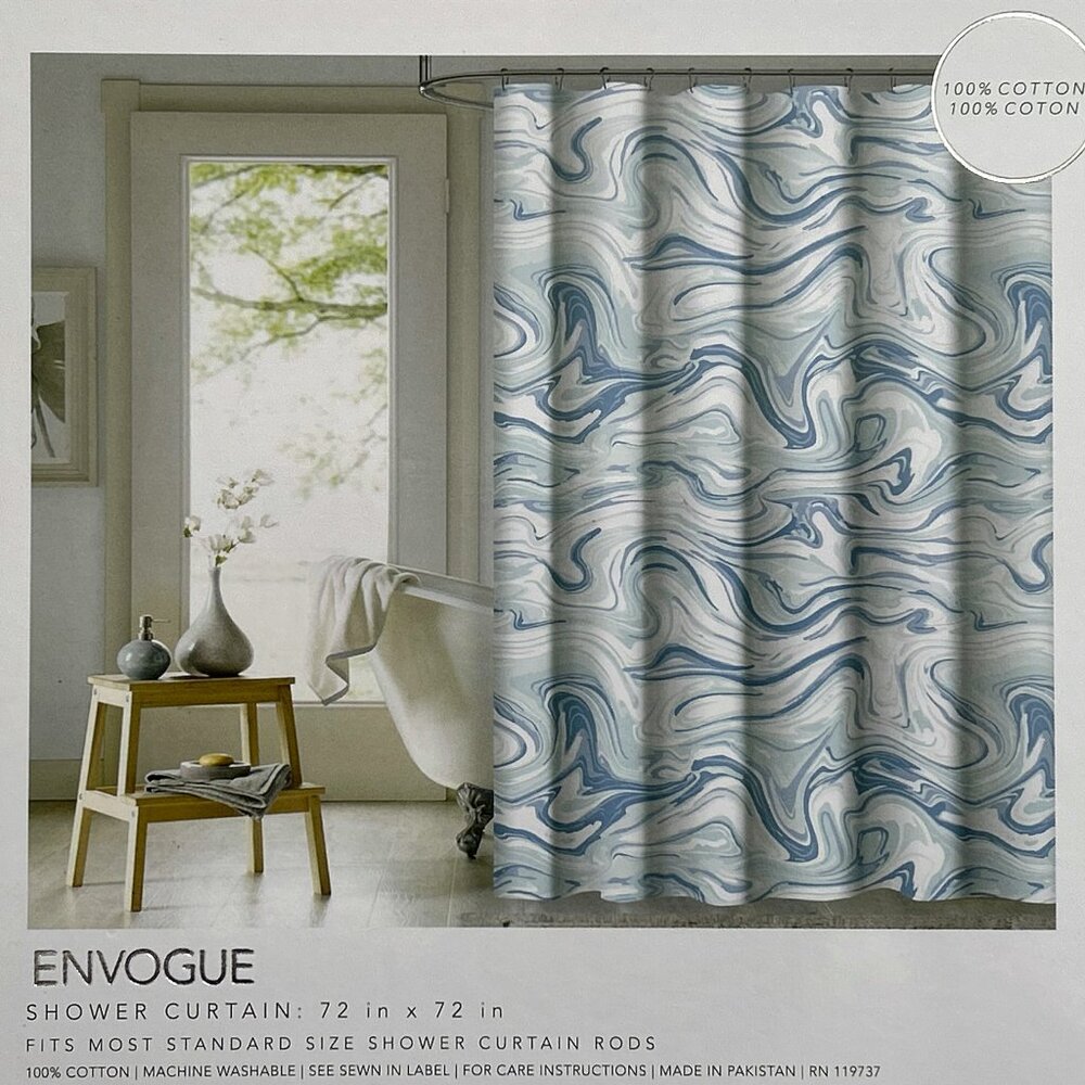Envogue Fabric Shower Curtain Blue and White Wavy Marbled Design Carrara Seafoam